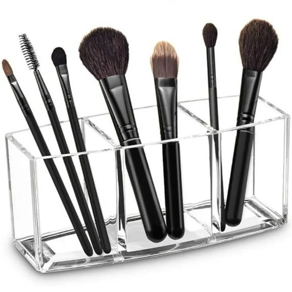 Clear Acrylic Makeup Brush Holder Organizer with 3 Slot Cosmetic Storage Stand
